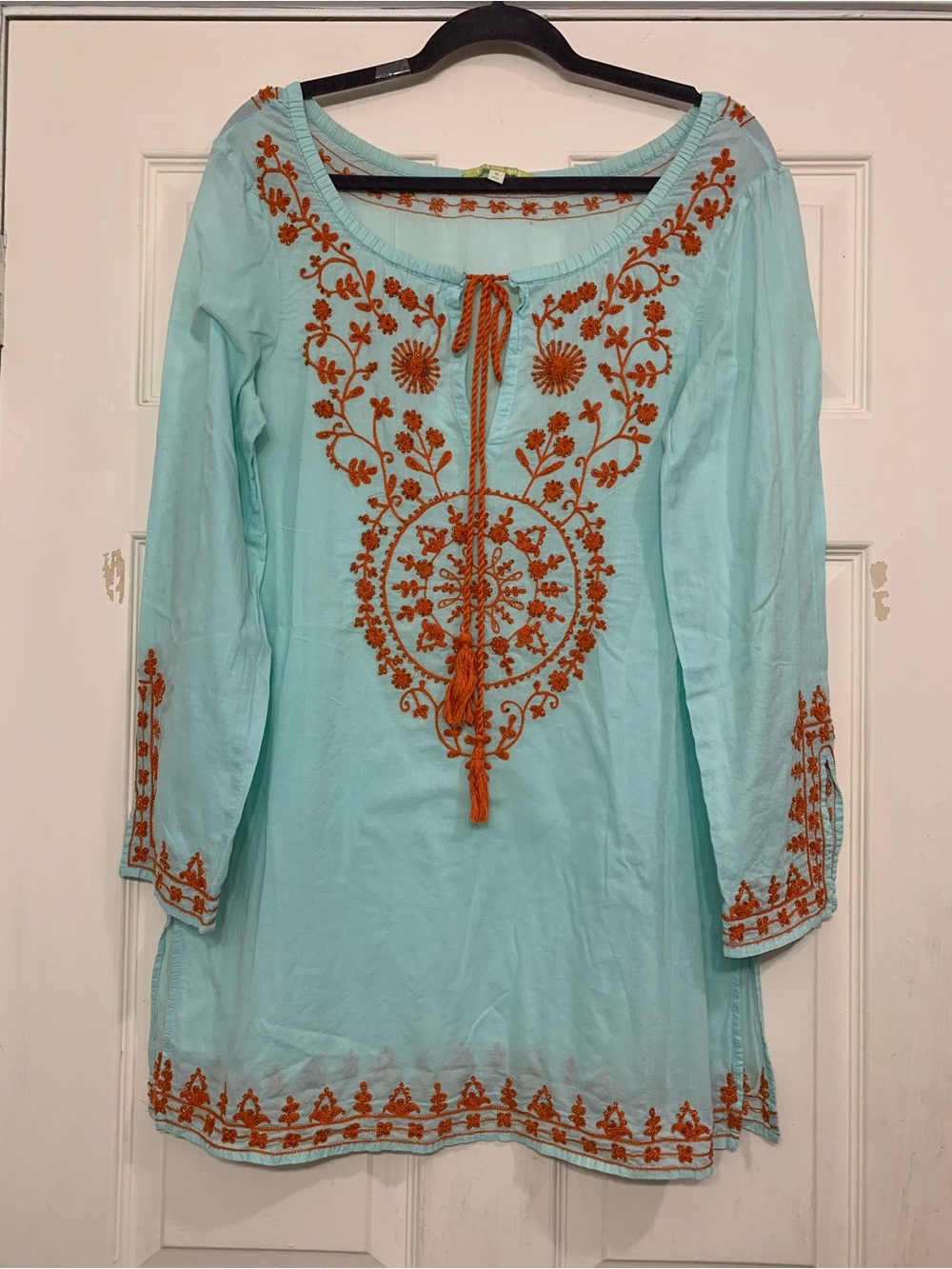 Gianni Bini Teal Tunic Top with Orange Embroidery and Tassel. 3830